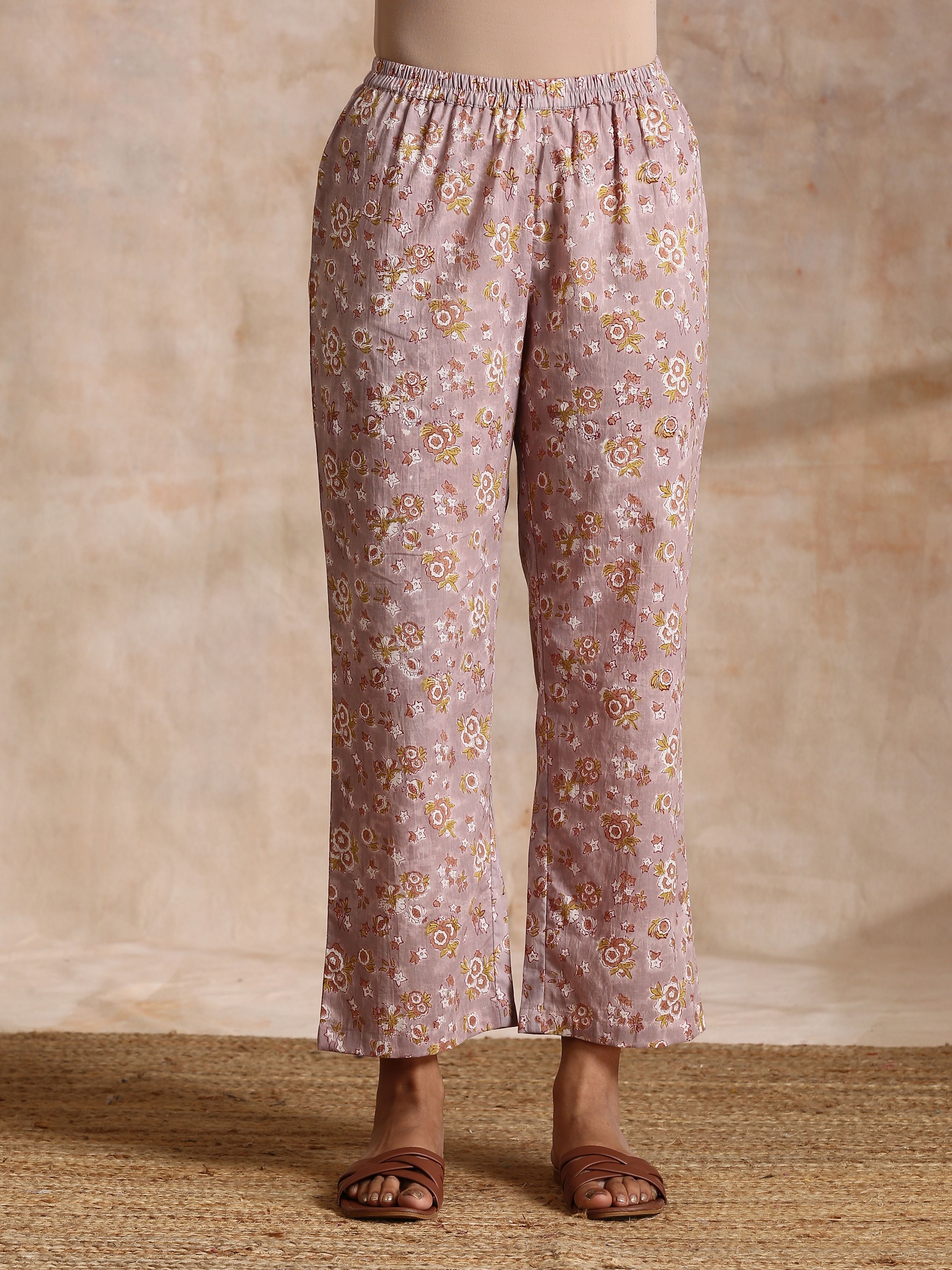 trueBrowns Grey Overall Floral Block Print Cotton Flared Slit Kurta Pant Set | Relove