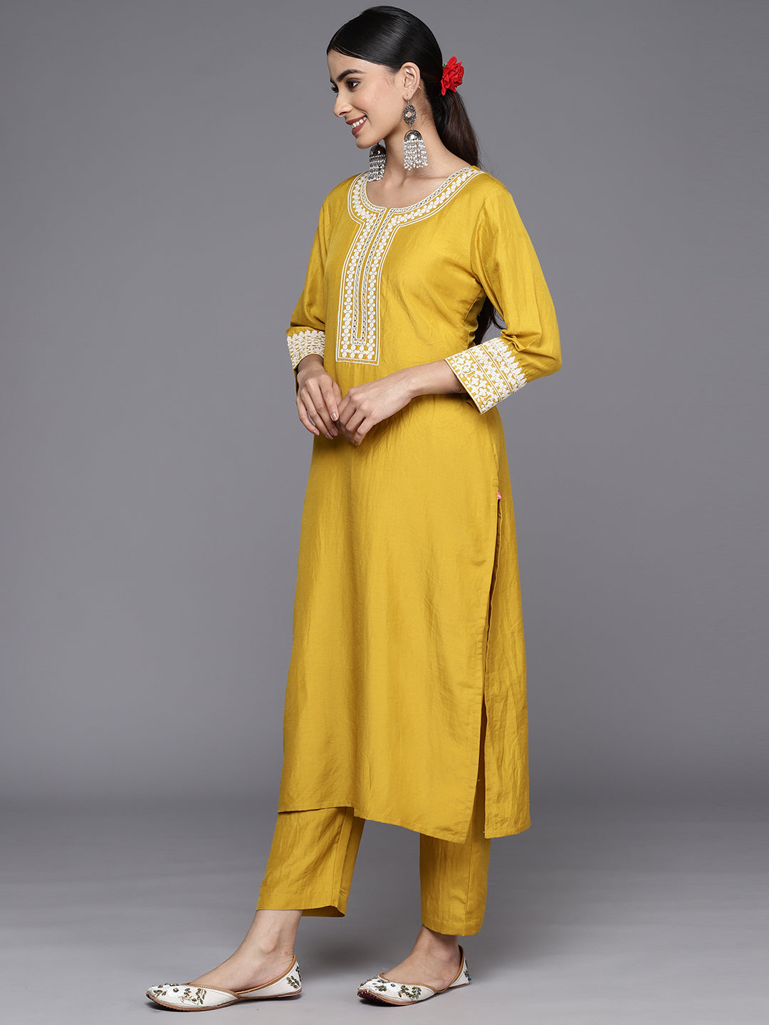 Varanga Women Yellow Embroidered Kurta With Tonal Bottom And Tonal Dupatta - Distacart