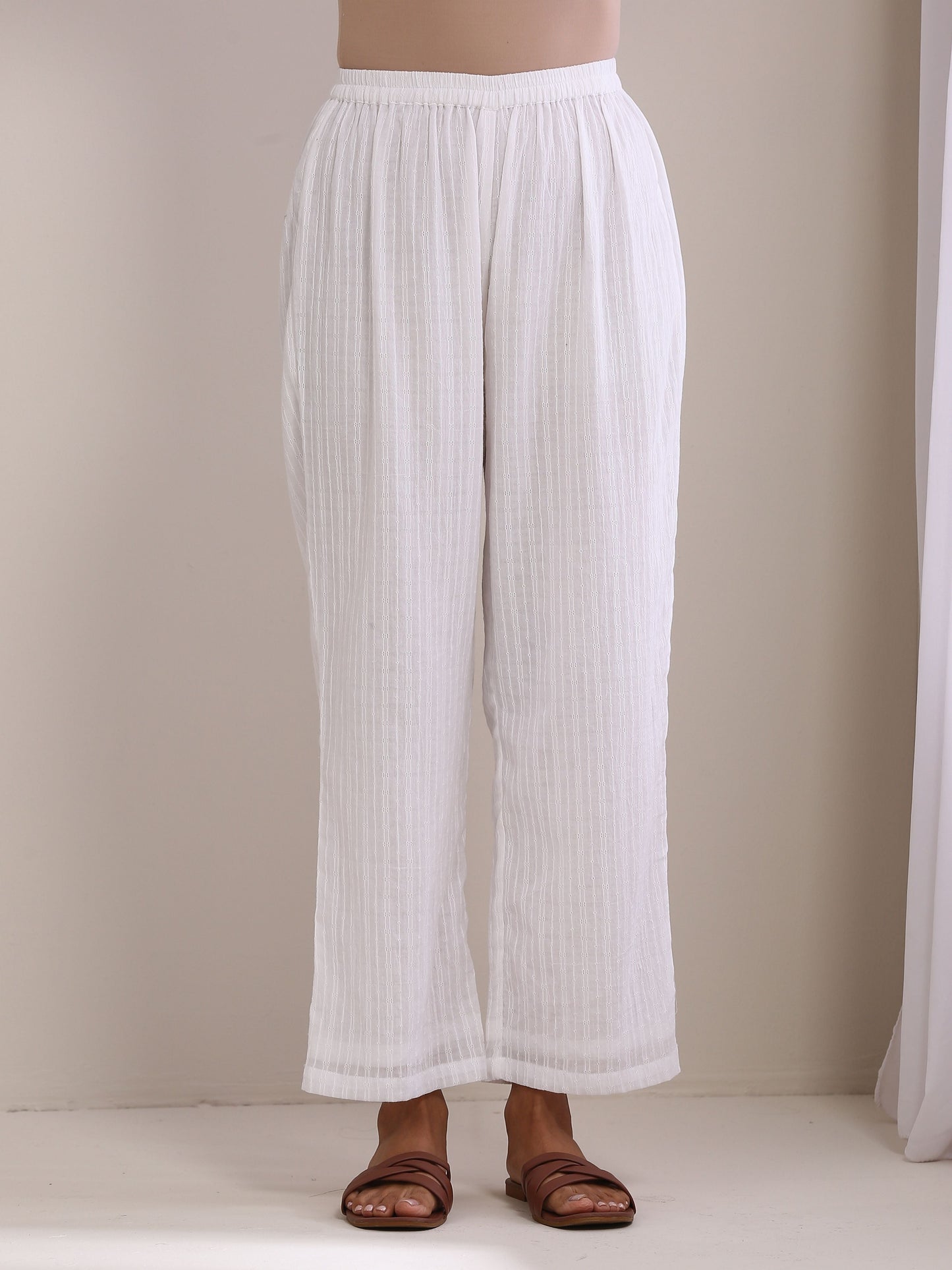 trueBrowns White Dobby Front Pleated Long Kurta Pant Set - Distacart