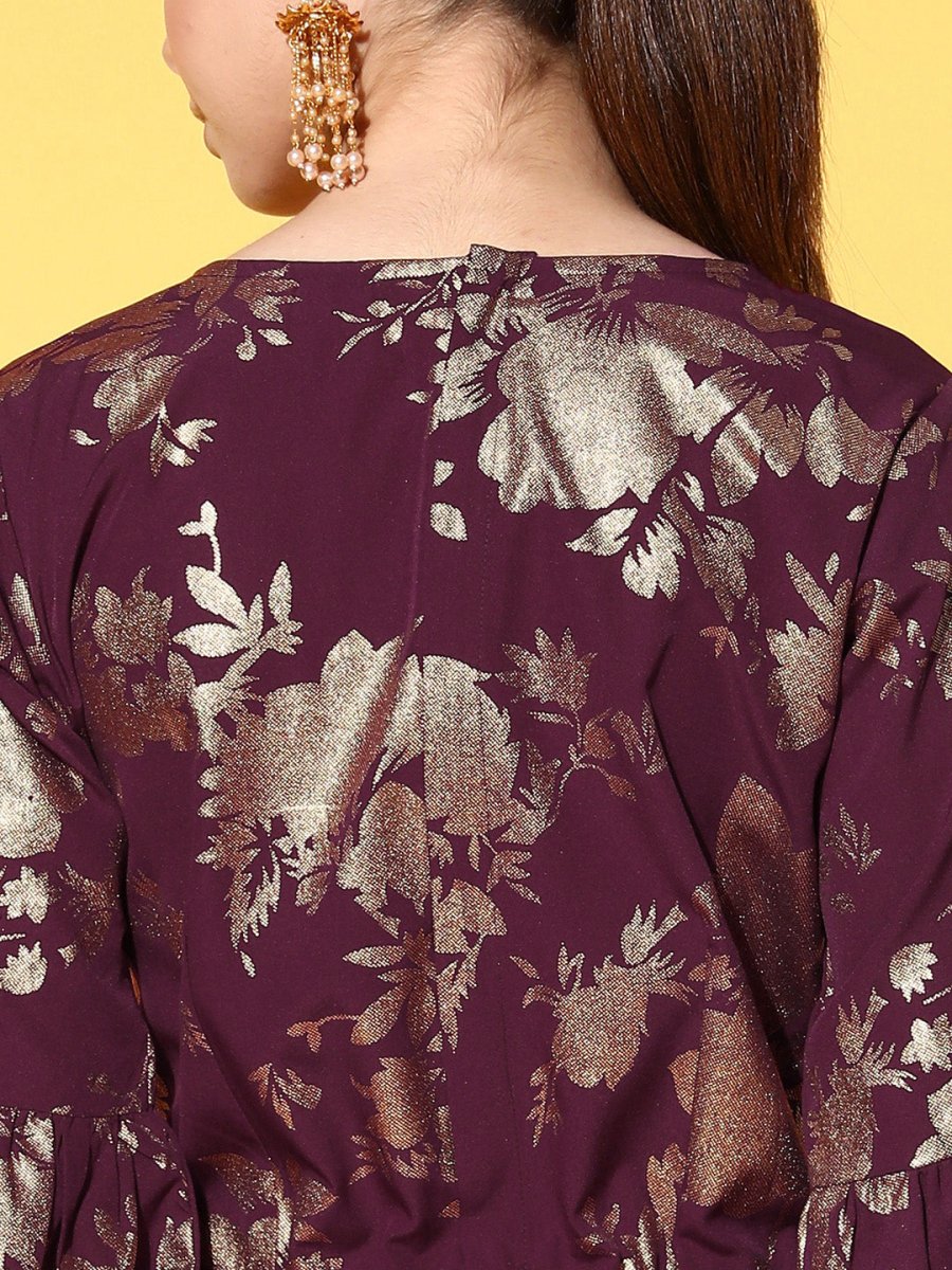 Ahalyaa Burgundy & Gold-Toned Bell Sleeves Printed Ethnic Jumpsuit With Waist Tie-Ups - Distacart