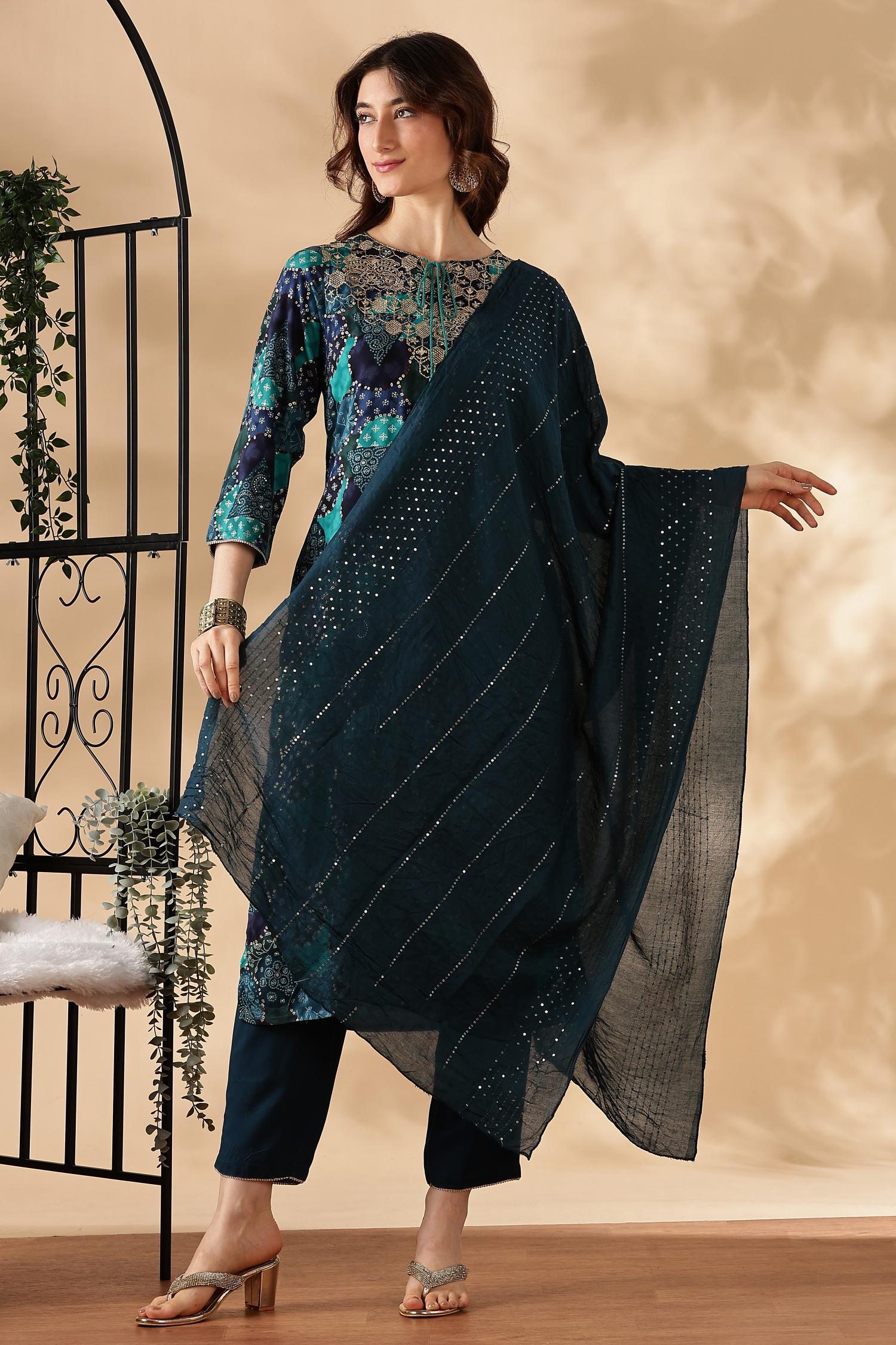 BulBul Kamolika Printed Aqua Rayon Salwar Suit