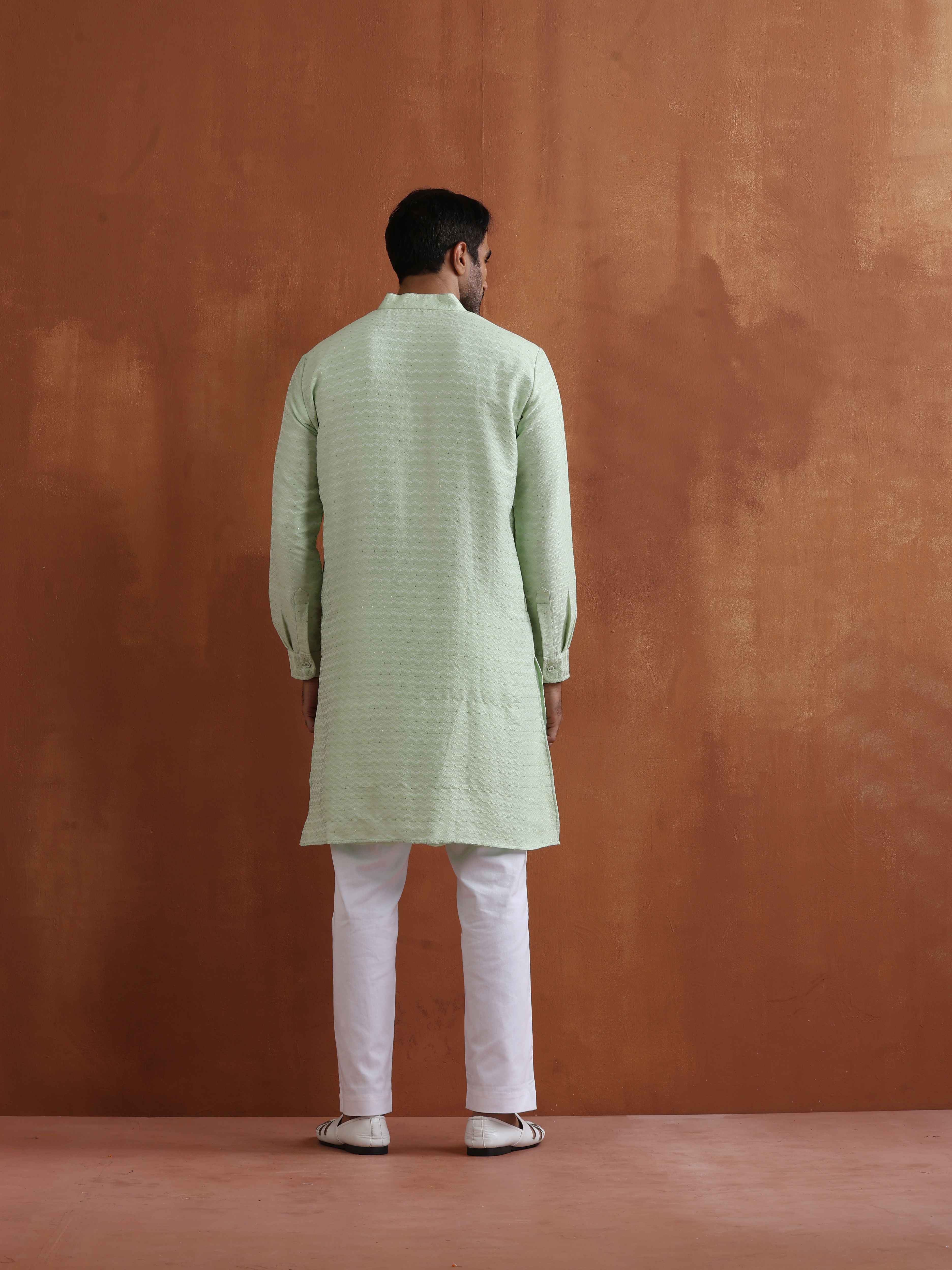 trueBrowns Men's Green Sequin Chanderi Kurta
