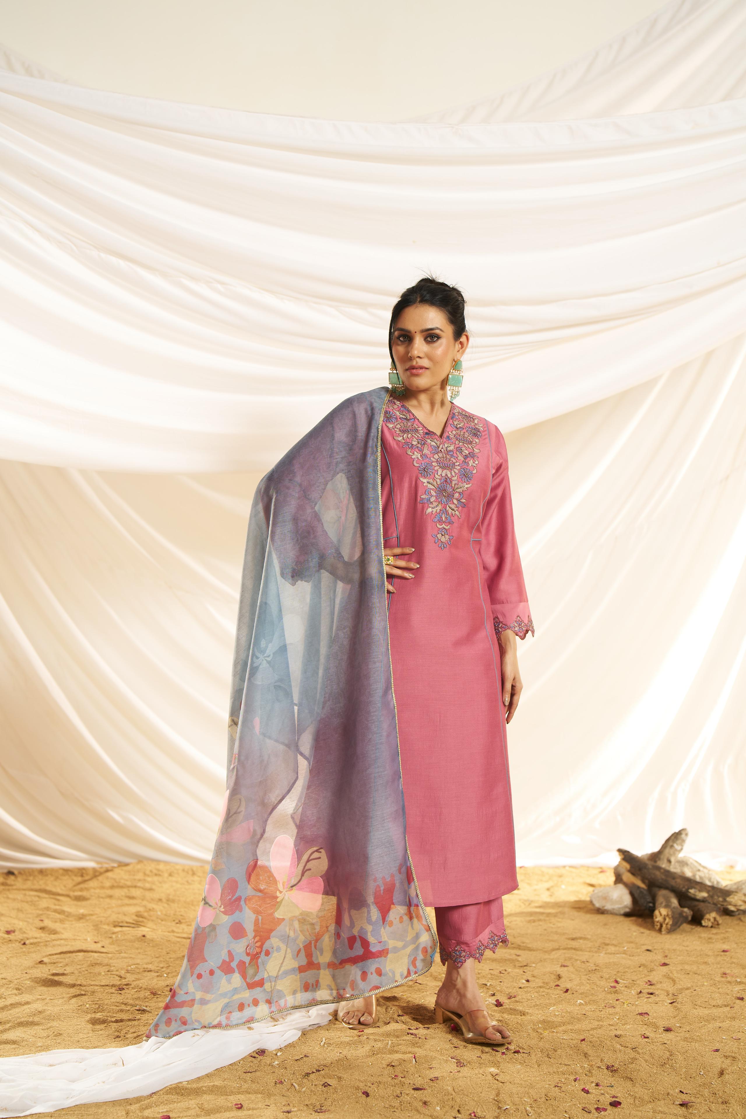 BulBul Women Dusty Pink Embroidered Premium Silk Straight-Shoulder Cut Suit With Dupatta
