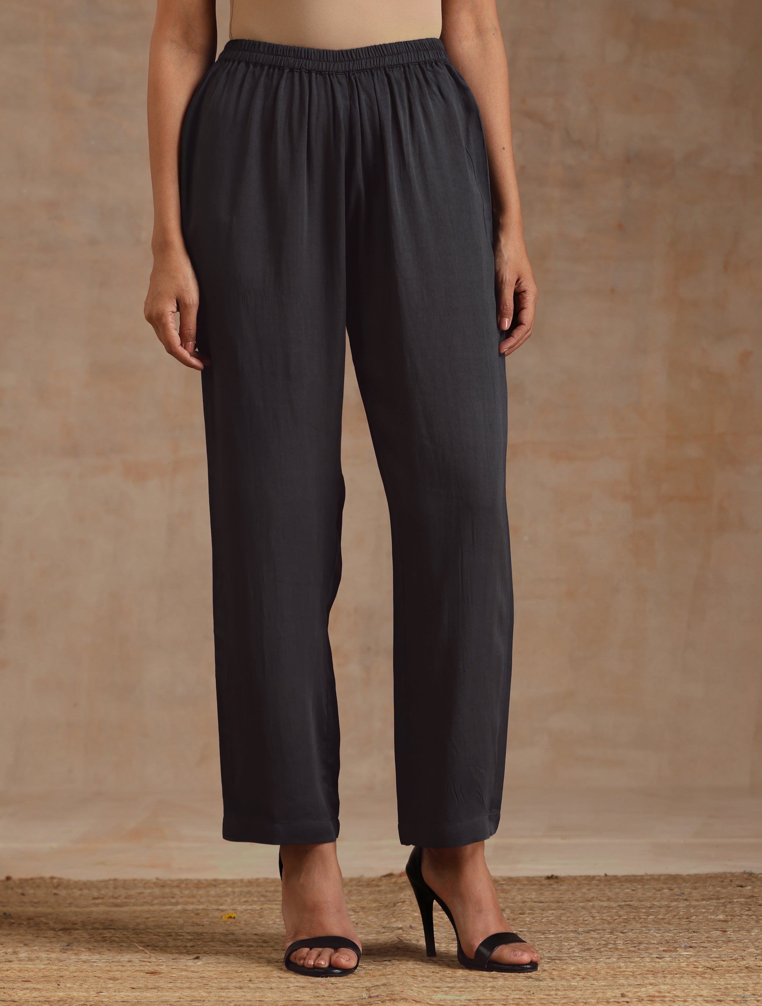 trueBrowns Grey Modal Satin High-Low Relax Kurta Set | Relove