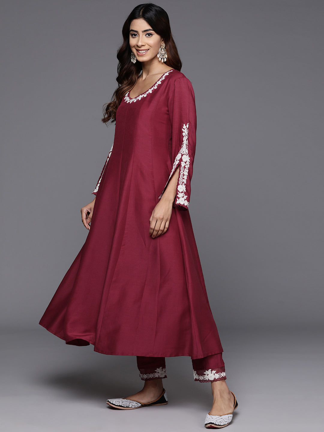 Varanga Women Thread Embroidered Round Neck With Full Sleeve Anarkali Kurta Paied With Tonal Bottom And Dupatta - Distacart