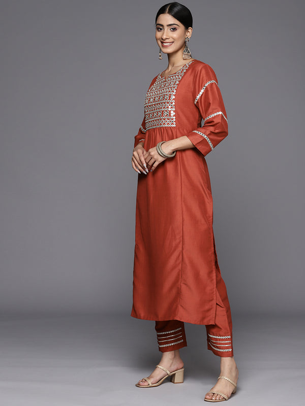Varanga Women Rust Mirror Work Yoke Embroidered Straight Kurta Paired With Tonal Bottom And Tonal Solid Dupatta With Four Side Fringes - Distacart