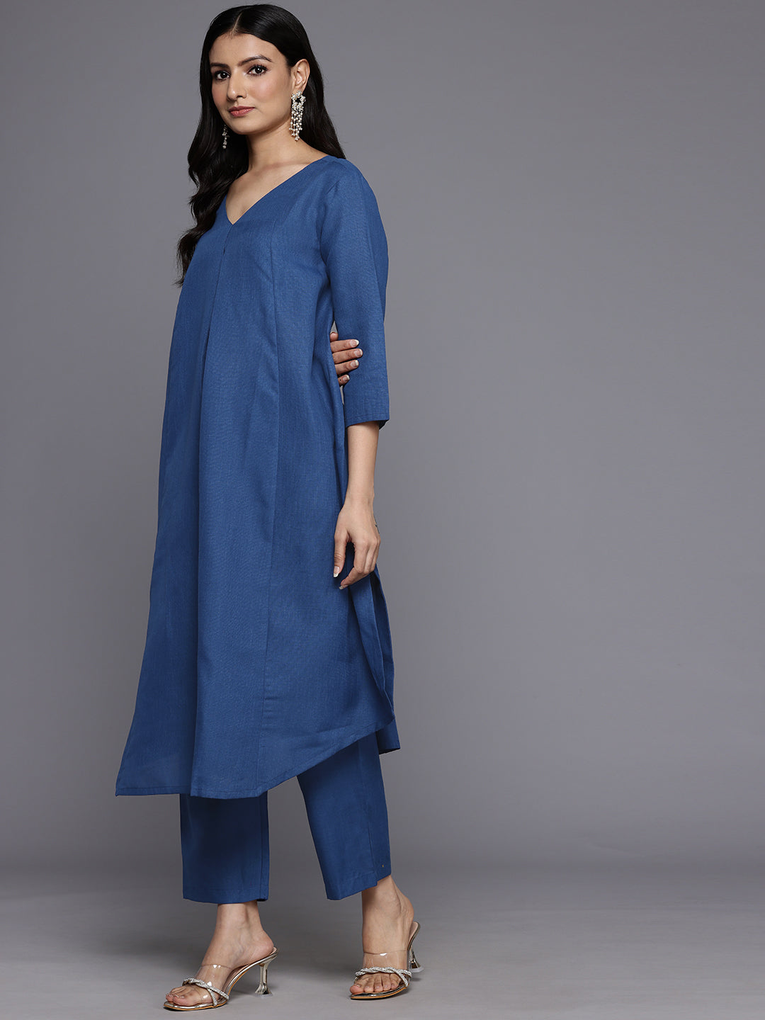 Varanga Women Blue Solid A-Line Kurta Paired With Tonal Bottom - Distacart