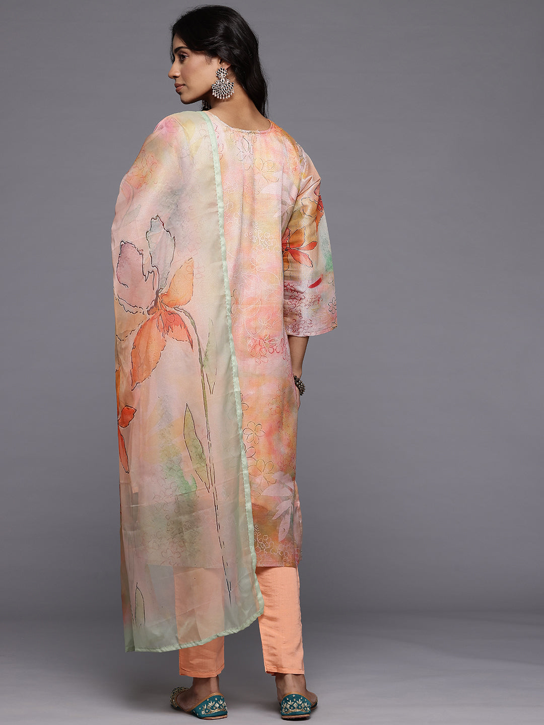 Varanga Women Peach Silk Floral Printed Beads And Stones Embellished Kurta Set With Dupatta - Distacart
