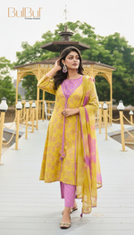 Thumbnail for BulBul Karina Cotton Mustard Kurta Set with Dupatta