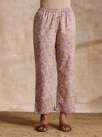 Thumbnail for trueBrowns Grey Overall Floral Block Print Cotton Flared Slit Kurta Pant Set - Distacart