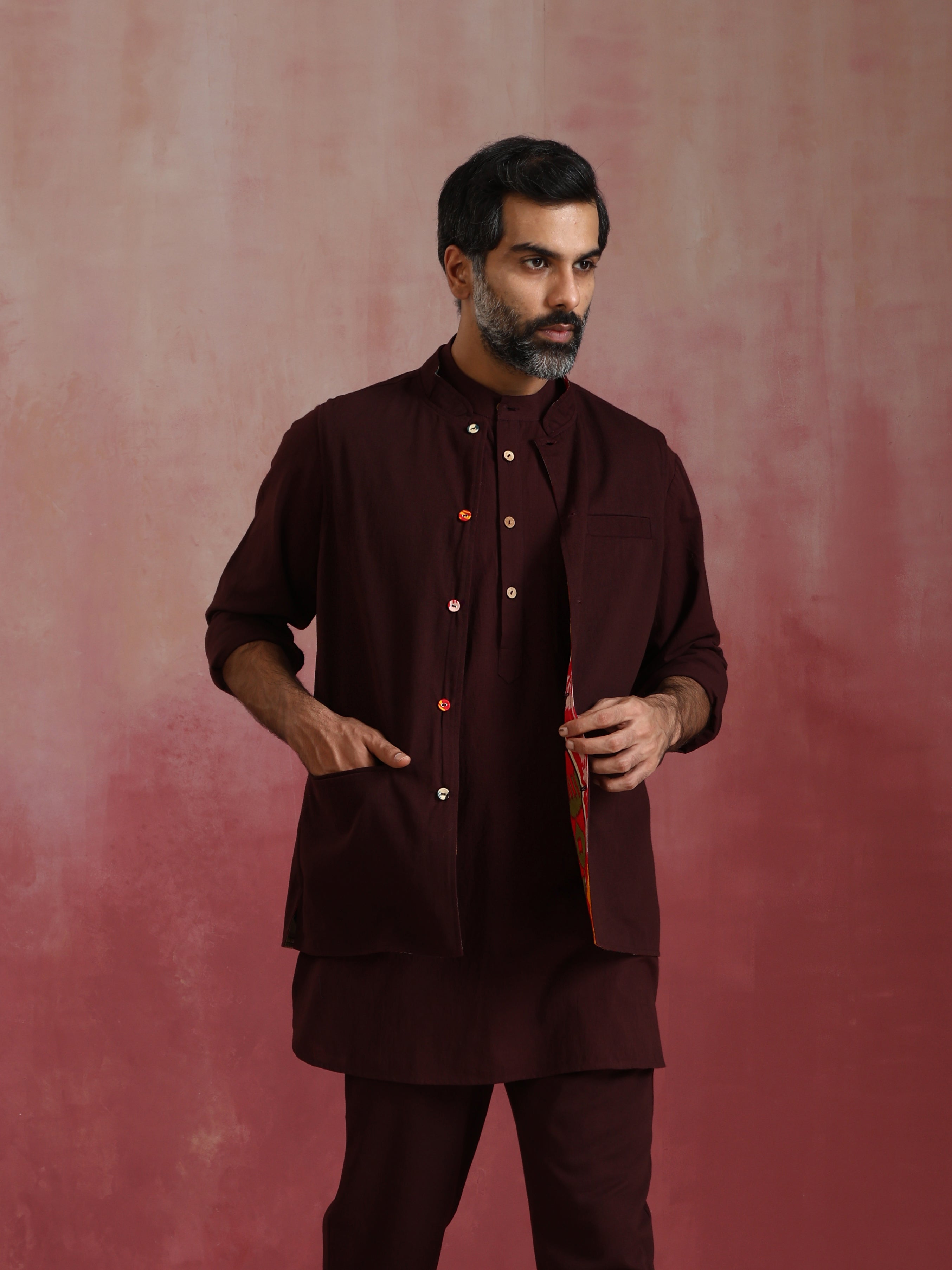 trueBrowns Men's Cola Ikat Print Cotton Reversible Nehru Jacket