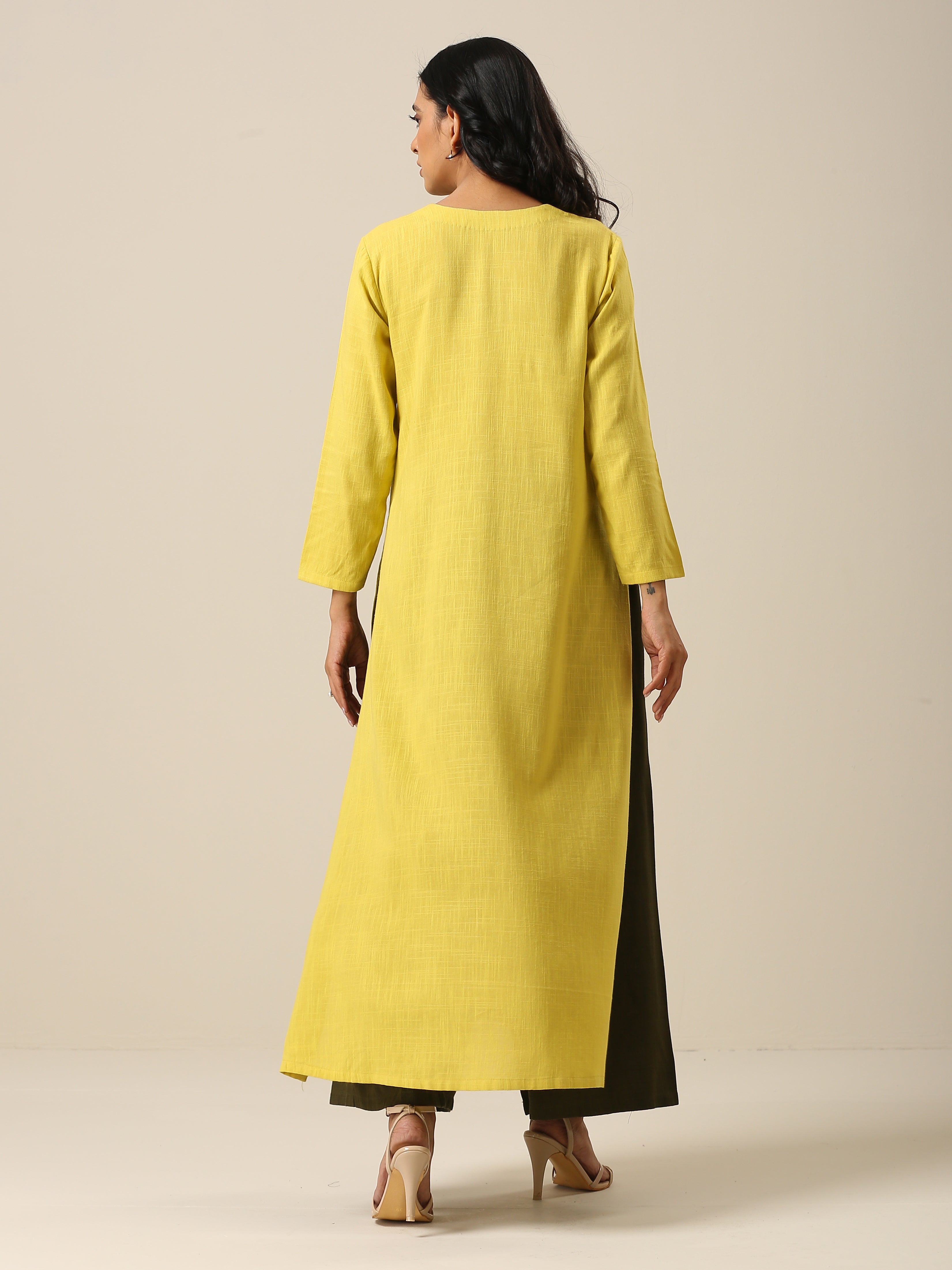 trueBrowns Lime Slub Texture Slit Kurta Palazzo Set - Distacart