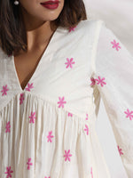 Thumbnail for trueBrowns Off-White Cotton Floral Embroidered Flared Kurta Set
