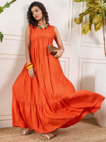 Thumbnail for InWeave Orange V Neck Sleeveless Long Tiered Dress