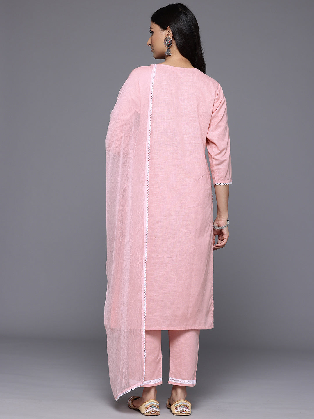 Varanga Women Peach V Neck Chickankari Embroidered Kurta With Tonal Bottom And Chiffon Dupatta