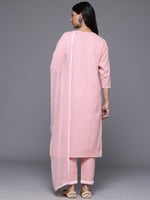 Thumbnail for Varanga Women Peach V Neck Chickankari Embroidered Kurta With Tonal Bottom And Chiffon Dupatta