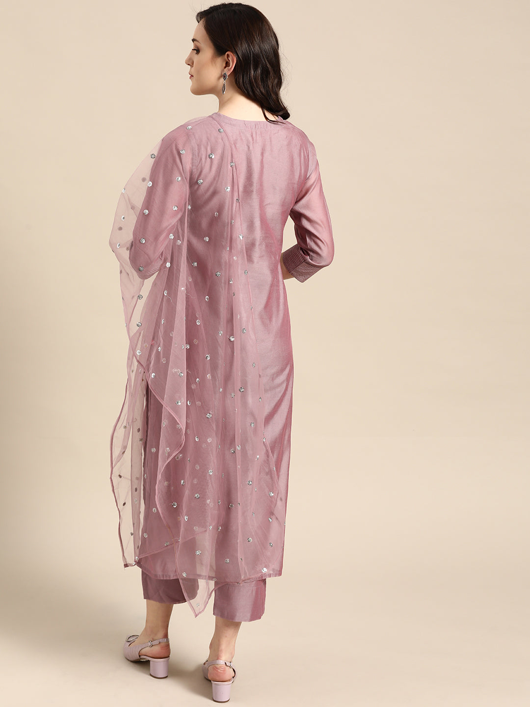 Varanga Women Mauve Floral Embroidered Regular Chanderi Silk Kurta With Trousers & With Dupatta - Distacart