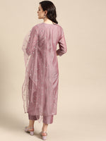 Thumbnail for Varanga Women Mauve Floral Embroidered Regular Chanderi Silk Kurta With Trousers & With Dupatta - Distacart