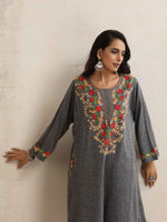 Thumbnail for trueBrowns Grey Kashmiri Embroidered Woollen Phiran Kurta - Distacart