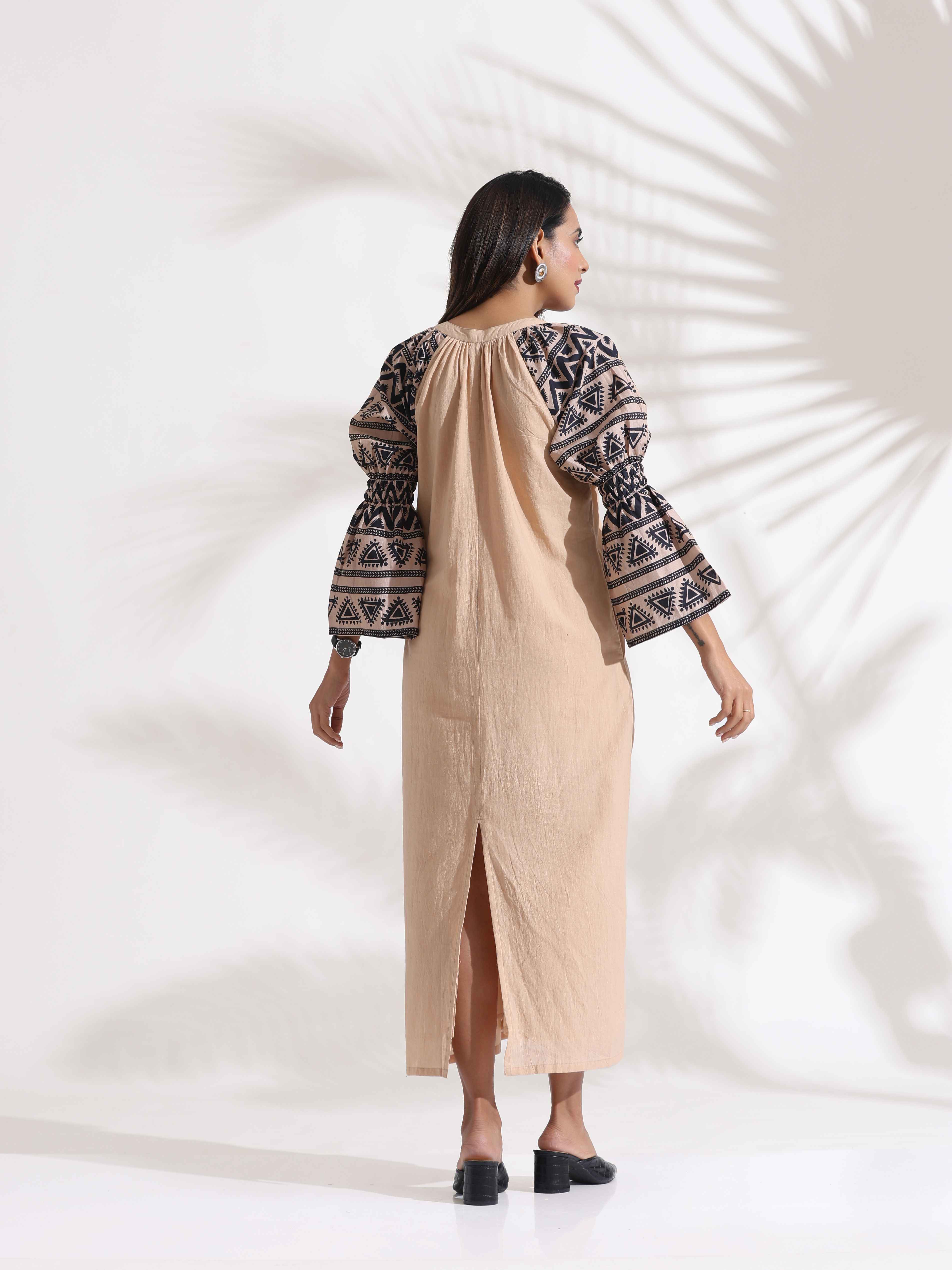 trueBrowns Beige Cotton Print Long Dress