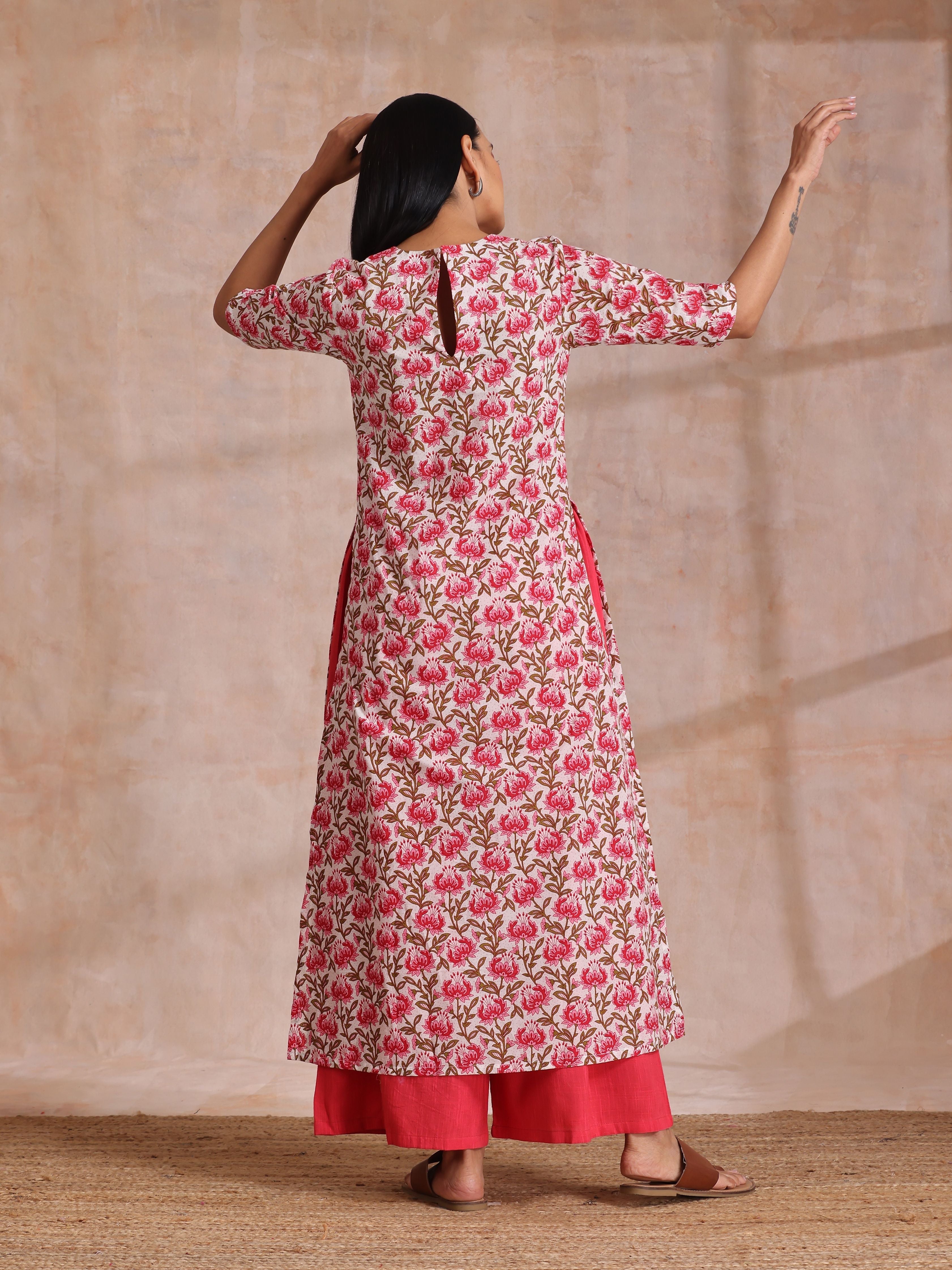 trueBrowns Pink Brown Overall Floral On White Block Print Cotton Slit Kurta Pant Set - Distacart