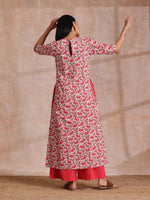 Thumbnail for trueBrowns Pink Brown Overall Floral On White Block Print Cotton Slit Kurta Pant Set - Distacart