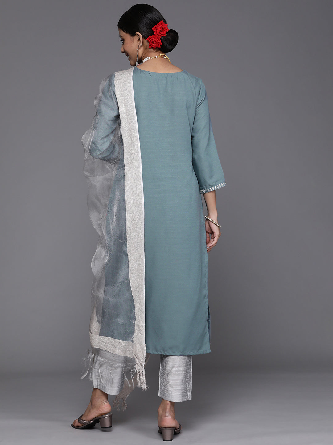 Varanga Women Blue & Silver Sequinned Yoke Design Kurta With Trousers & Dupatta - Distacart