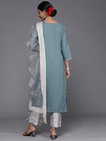 Thumbnail for Varanga Women Blue & Silver Sequinned Yoke Design Kurta With Trousers & Dupatta - Distacart