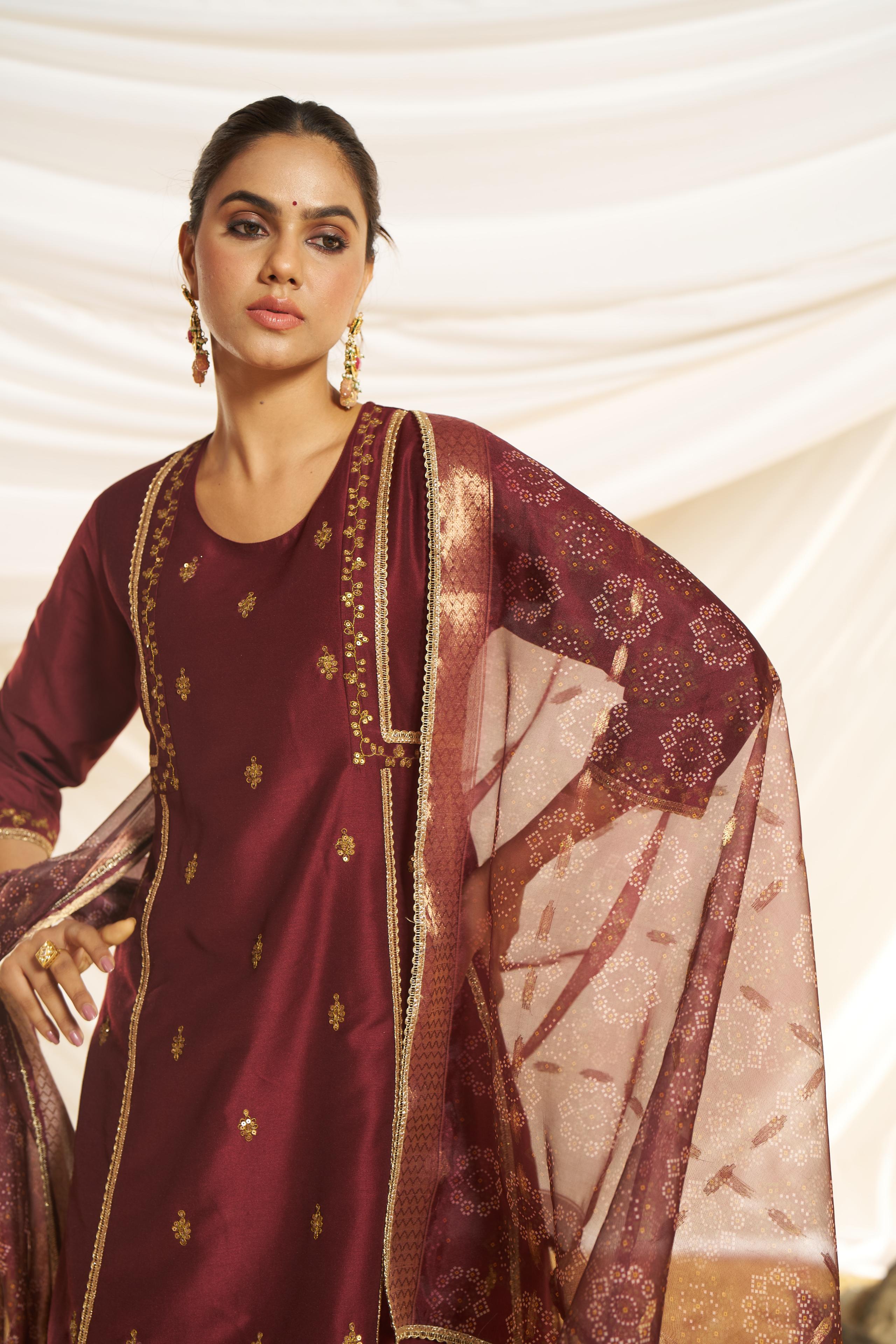BulBul Women Maroon Embellished Premium Silk Ethenic A-Line Kali Suit With Dupatta