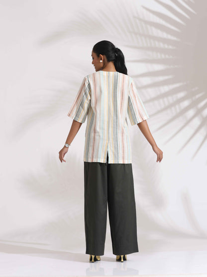 trueBrowns Off-White Cotton Stripe Jacket Top Co-ord Set - Distacart