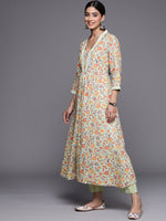 Thumbnail for Varanga Women Sea Green Floral Printed A-Line Kurta With Three Quarter Sleeves Paired With Printed Bottom And Solid Chiffon Dupatta - Distacart