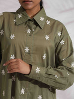 Thumbnail for trueBrowns Olive Green Cotton Floral Embroidered Co-ord Set