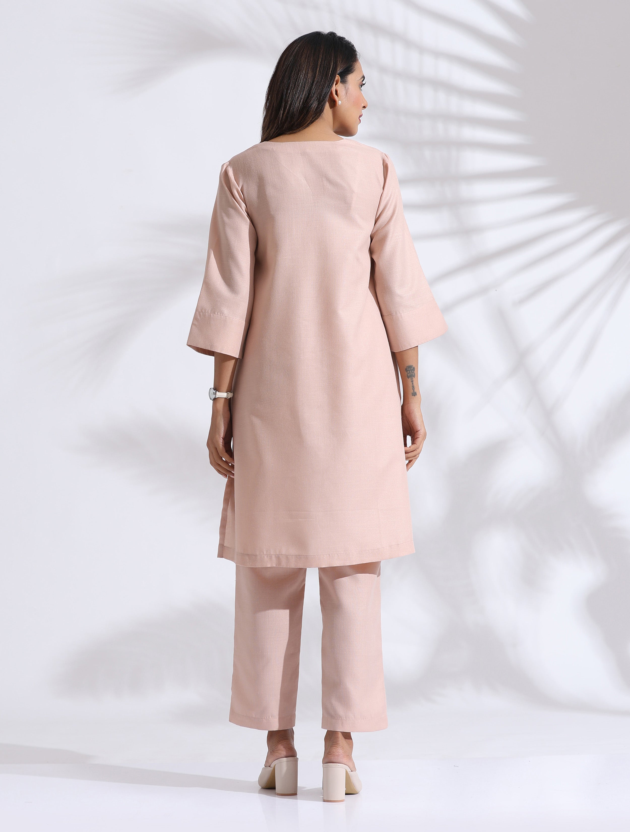 trueBrowns Light Pink Slub Kurta Co-ord Set
