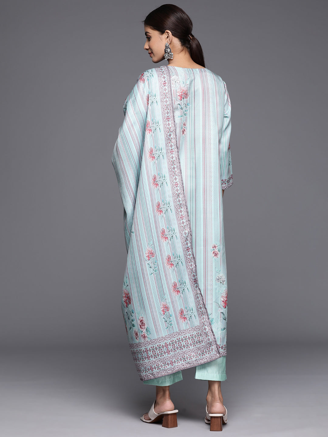 Varanga Women Blue Stripe Printed Straight Kurta Paired With Tonal Bottom And Dupatta - Distacart