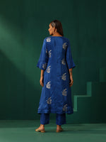 Thumbnail for trueBrowns Royal Blue Floral Viscose Silk Angrakha Kurta Pant Set - Distacart