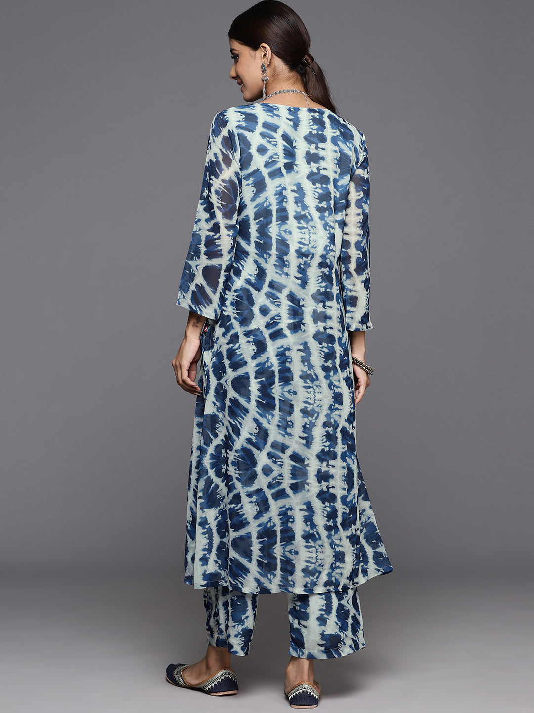 Varanga Women Blue Shibori Printed V-Neck A-Line Kurta Paired With Tonal Printed Bottom - Distacart