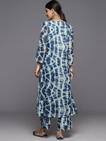 Thumbnail for Varanga Women Blue Shibori Printed V-Neck A-Line Kurta Paired With Tonal Printed Bottom - Distacart