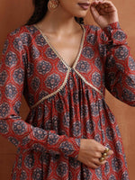 Thumbnail for trueBrowns Rust Ajrak Print Flared Anarkali Kurta Set - Distacart