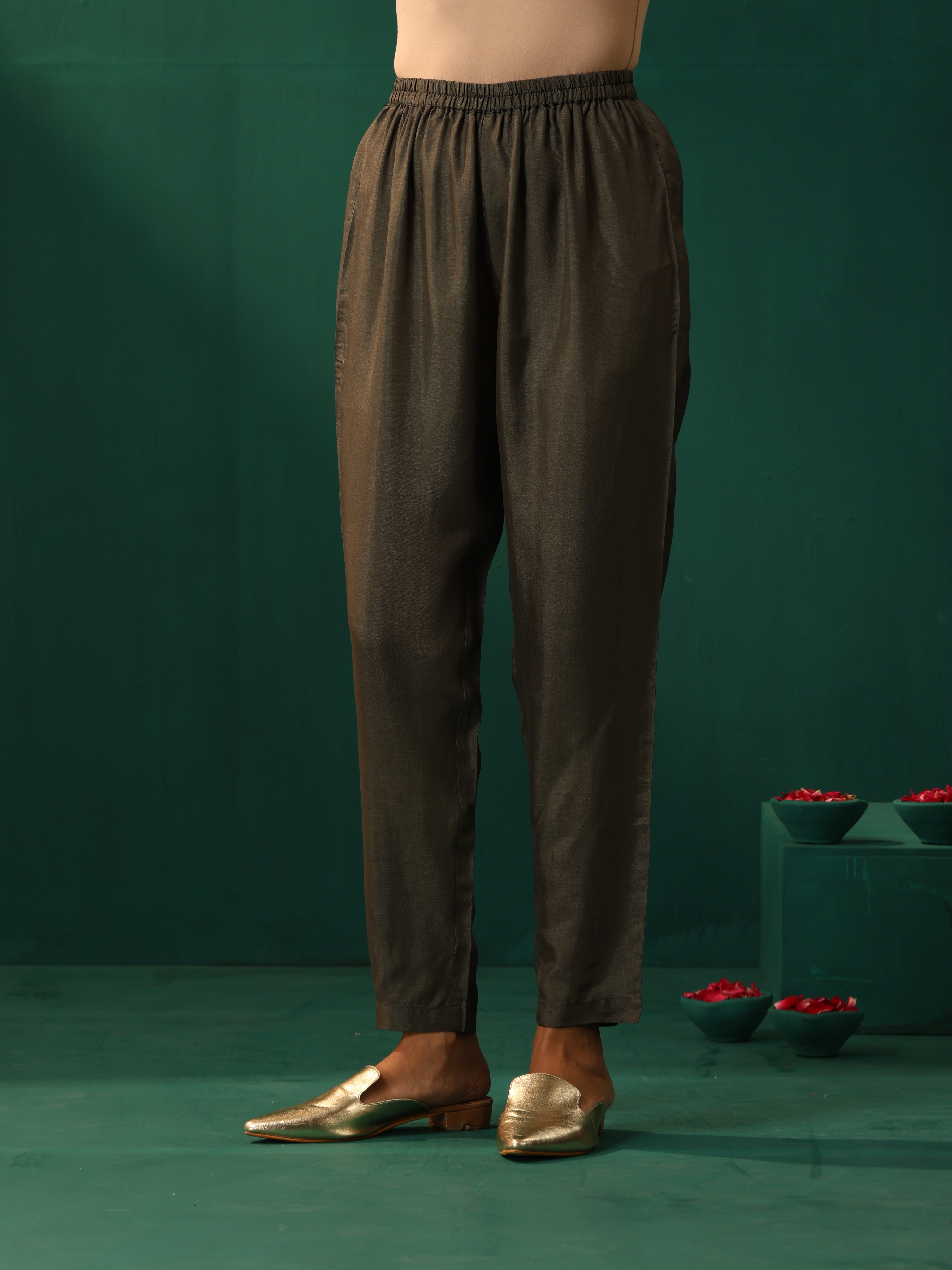 trueBrowns Green Square Viscose Silk Flared Kurta Pant Set - Distacart