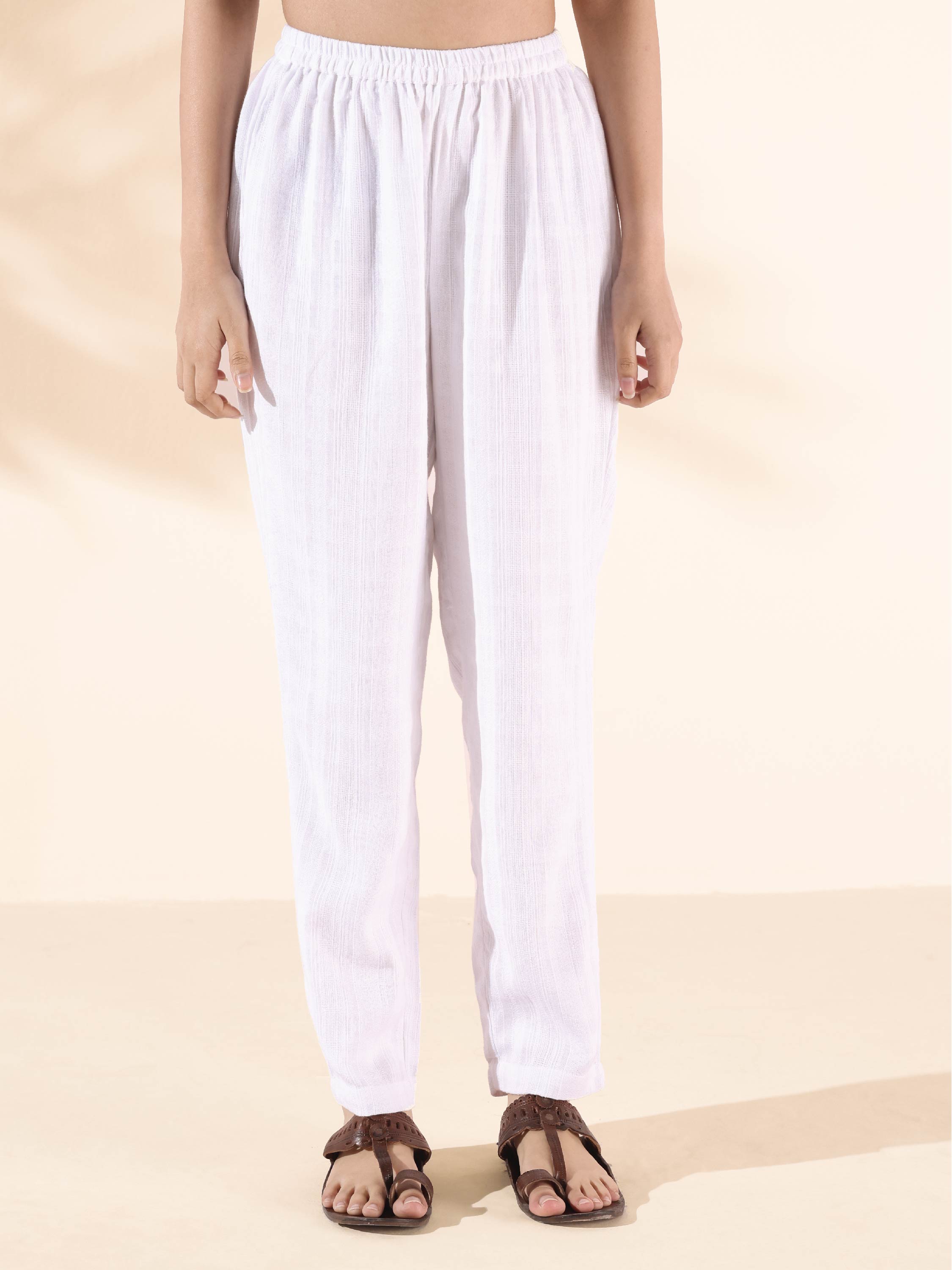 trueBrowns White Cotton Dobby Kurta Pant Set - Distacart