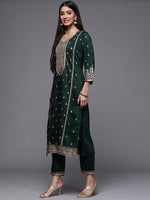 Thumbnail for Varanga Green Embroidered Kurta Paired With Tonal Bottom And Dupatta - Distacart