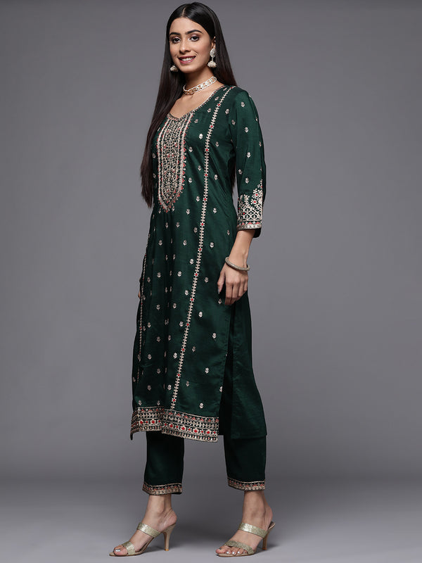 Varanga Green Embroidered Kurta Paired With Tonal Bottom And Dupatta - Distacart