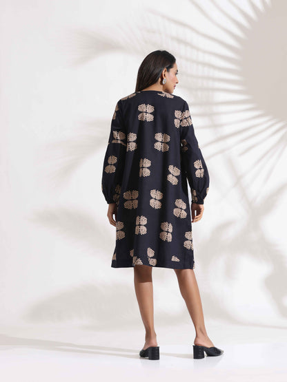 trueBrowns Black Cotton Print Short Dress - Distacart