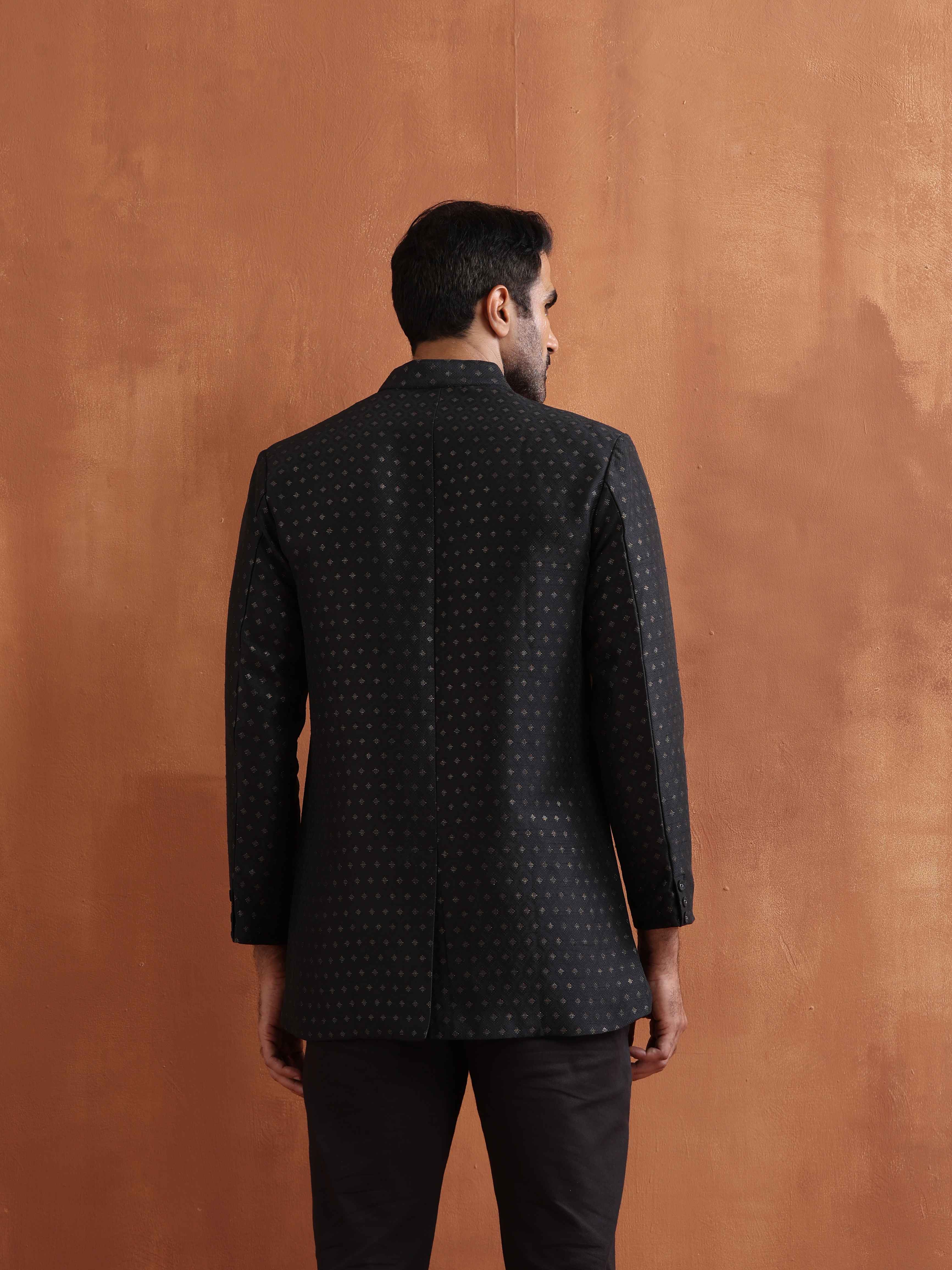 trueBrowns Men's Black Chanderi Long Jacket