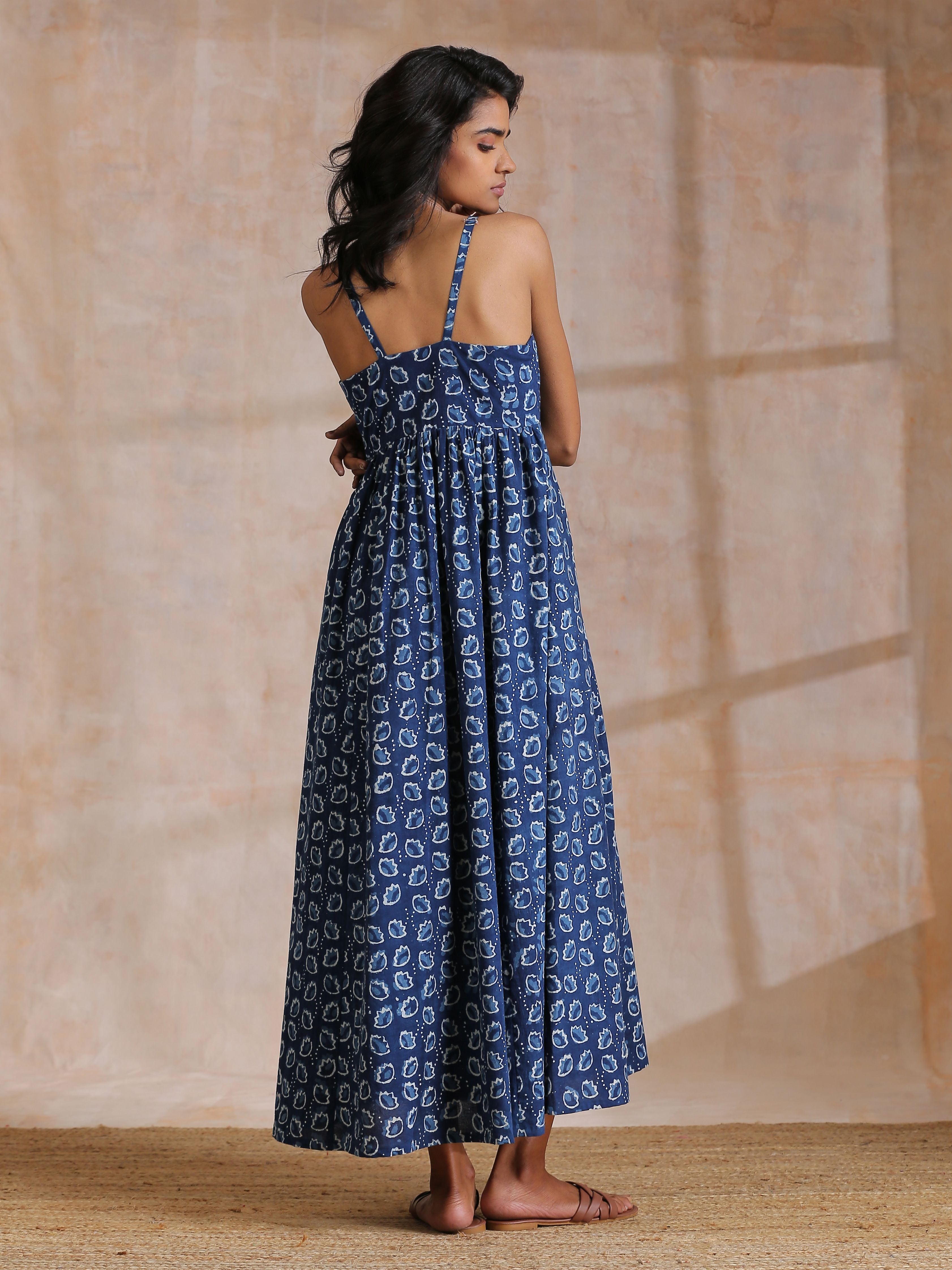 trueBrowns Indigo Dabu Floral Print Cotton Sleeveless Dress | Relove