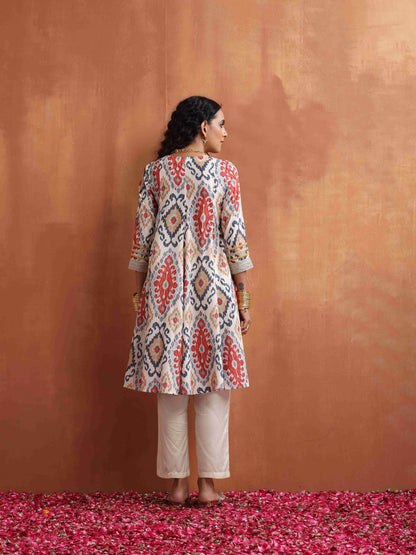 trueBrowns Off White Ikat Print Anarkali Kurta Co-ord Set - Distacart