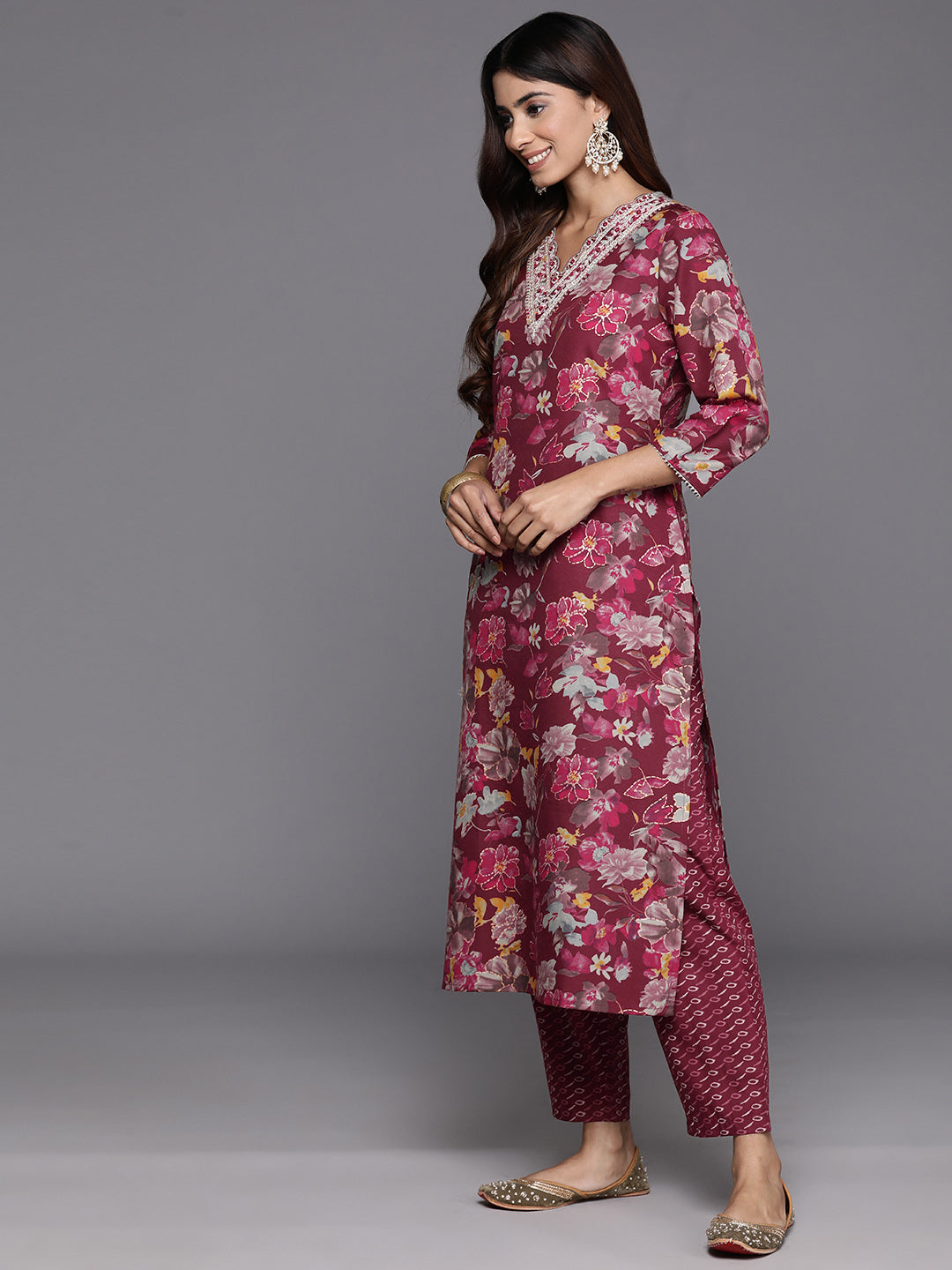 Varanga Women Maroon Floral Printed Embroidered Kurta Paired With Bottom And Dupatta - Distacart
