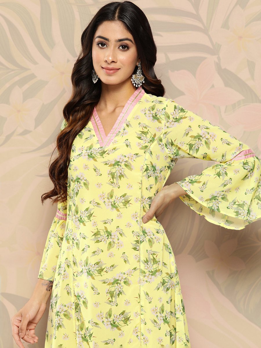 Ahalyaa Floral Printed Bell Sleeves Gotta Patti Georgette Kurta - Distacart