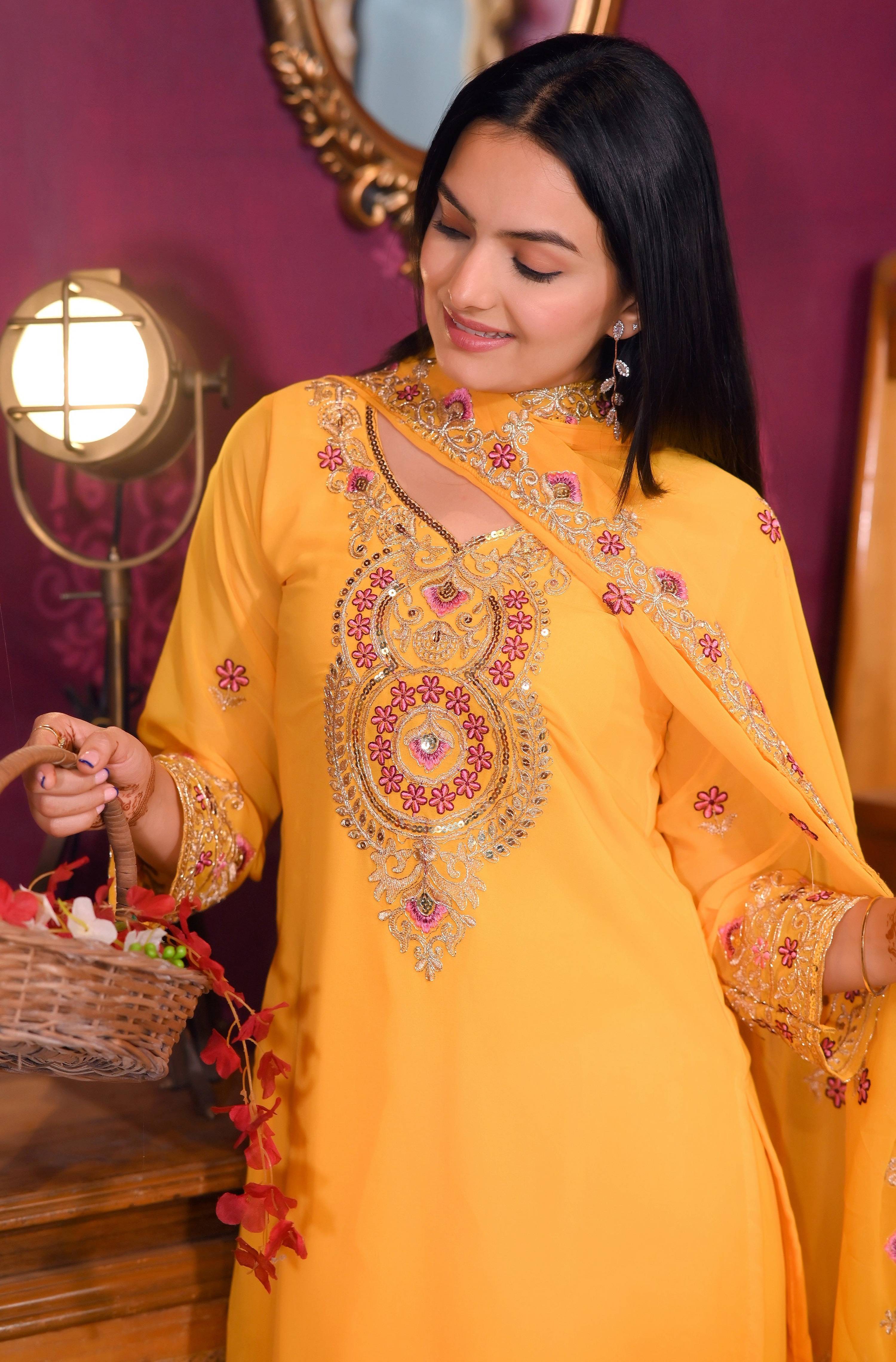 Teeya Creation Yellow Color Faux Georgette Silk Heavy Embroidery Work Fully Stitched Salwar Suit - Distacart