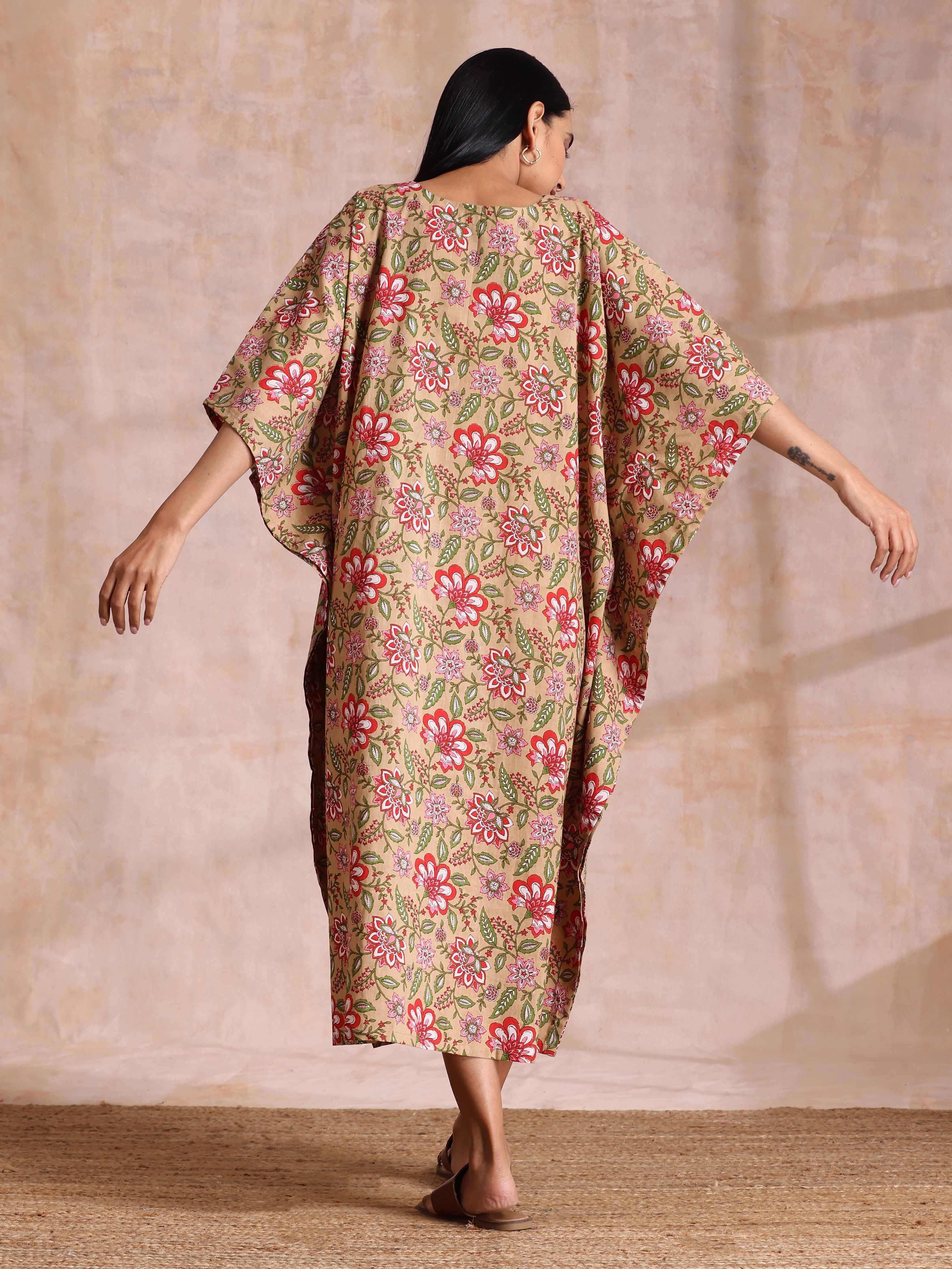 trueBrowns Beige Overall Big Floral Block Print Cotton Kaftan Dress - Distacart